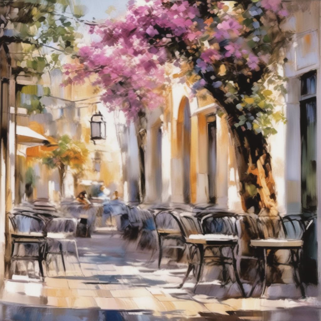 Erzeuge Ein Bild Im Style Von Brent Heighton, Kleines Romantisches Straßenkaffee In Arcos In Andalusien, Kleine Straße, Alle Häuser Sind Weiß, Sommer, Farb...