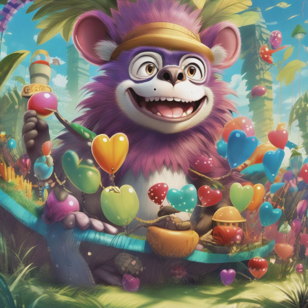(masterpiece, High Resolution, Vibrant Colors:1.1), Playful Animal Characters, (mischievous Monkey:1.2), (silly Hat:1.1), (carrying Large Banana:1.2), (cac...