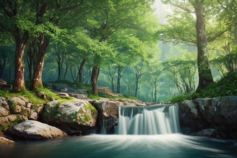 Visually Represent The Metaphor Of A Tree Planted By The Water, Symbolizing Trust And Hope,8k, Cinematic Symmetrical, Distant View, Realistic Maximum Textu...