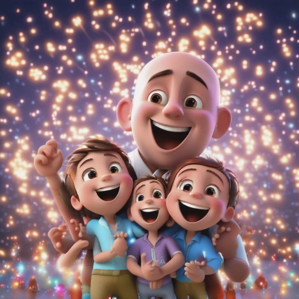 (cartoon Effect, 3D Animation:1.2), American White Father, Bald Head, (boys:1.1), Watching Vibrant Fireworks, Dark Sky, Smallest Child Sitting On Father's...