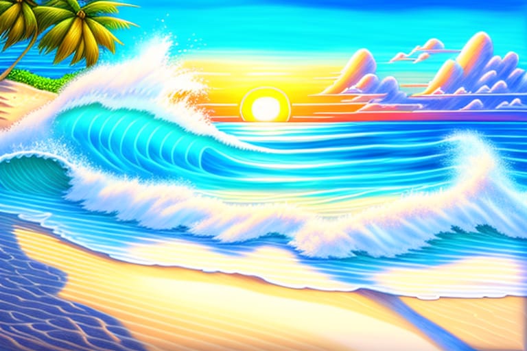 Capture A Scene At A Tropical Beach, With Waves Crashing And The Sun Setting. Emphasize The Azure Sea And The Beauty Of The Beach In Your AI Drawing...Like...