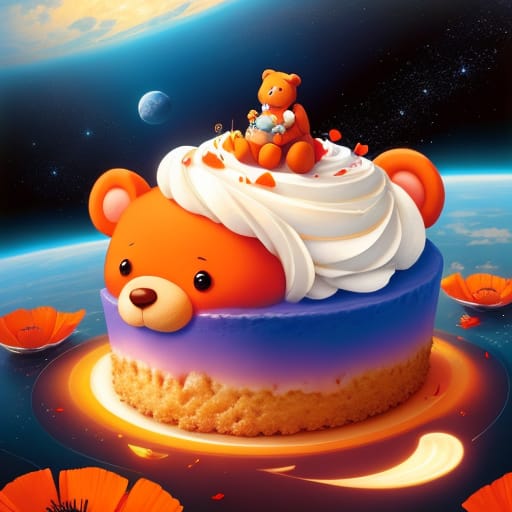 Imaginary Cartoonish, Unrealistic, Fantastic, Fantasia Style Surreal And Unrealistic Close-up Of Cheesecake On The Head Of An Orange-bodied Teddy Bear Surr...