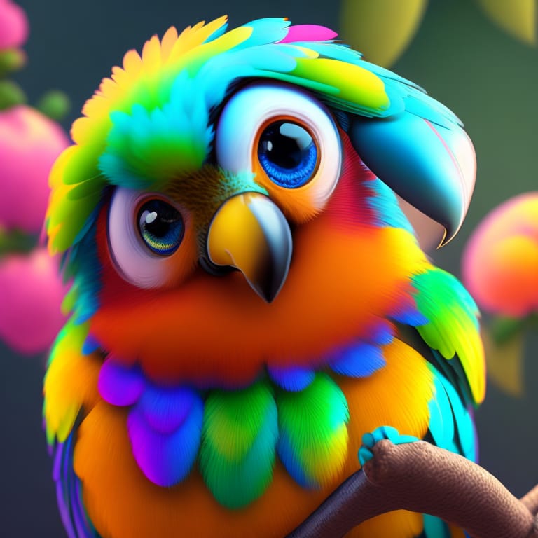 Super Cute Little Parrot Rendered In The Style Of Pixar Cartoon, Full Body, Shiny And Fluffy, Bright Big Eyes, Fluffy Tail, Sweet Smile, Energetic And Play...