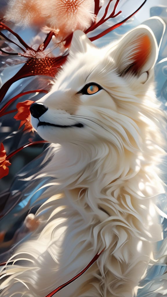 Abstract Fantasy, Non-representational Illustration Of An Up-close Endearing Albino Fox, Side Pose, Vibrant Winter Flowers (mistletoe, Snowberries, Red Poi...