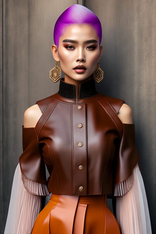 Ethereal Gothic-girl Clothed In A High Neck Brown Leather Blouse With A Laced Front Complementing Gamine Charm, She Wears Matching Low Slung Brown Leather...