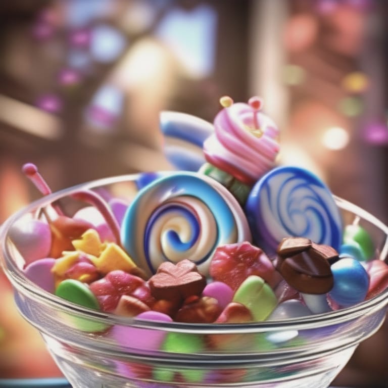 A Glass Bowl Filled With Different Types Of Candies, Cg Society Contest Winner, Environmental Art, Delicious Cream, Beautiful Detailed Miniature, Beautiful...