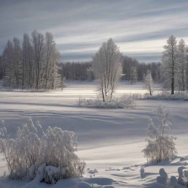 Winter Snowscape, Knoll Centered In Frame, Zoomed Out Perspective, Surrounding Expanse Blanketed In Untouched Snow Reflecting Faint Winter Sunlight, Distan...