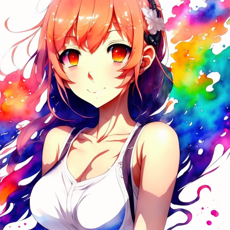 Perfect Happy Anime Girl, Perfect Body, Amazed Watercolor Technique, Wet-to Wet Watercolor Technique, Watercolor Wash Technique, Perfect Colorfull Backgrou...