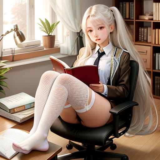 Long Hair, Young, Asian, No Panties, Thighhighs, Chair, Fishnet Legwear, Desk, Holding Book, Reading, Computer