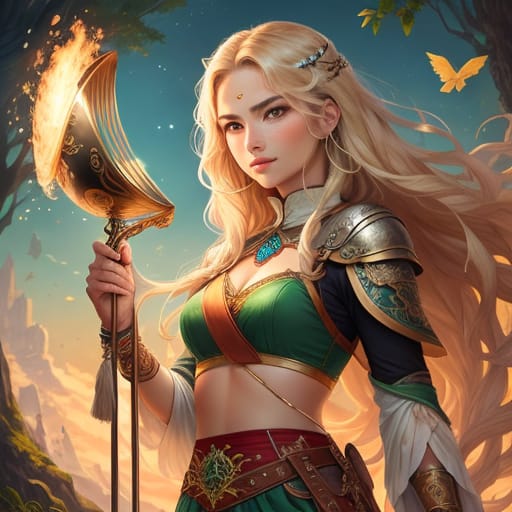 The Description Of The Warrior Is As Follows: Beautiful Middle-aged Long Blonde Flowing Hair Light Skin Green Eyes Strong Wise Courageous Sense Of Curiosit...